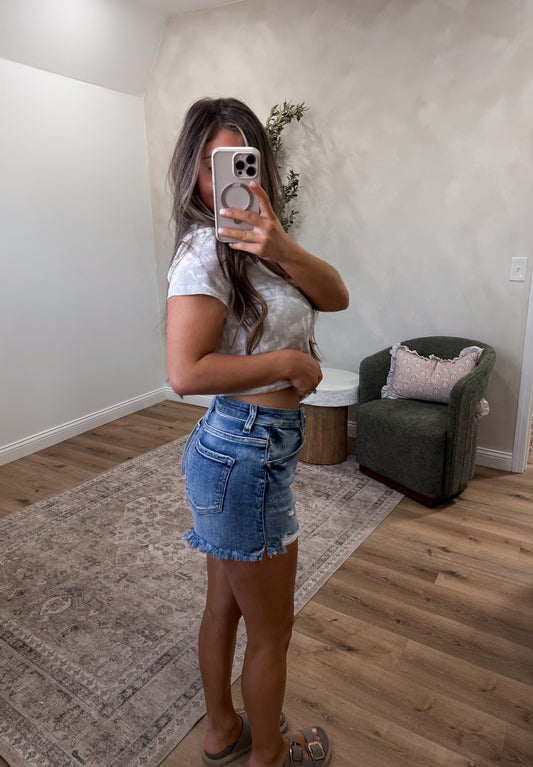 Cheyenne High Rise Distressed Denim Shorts - medium wash