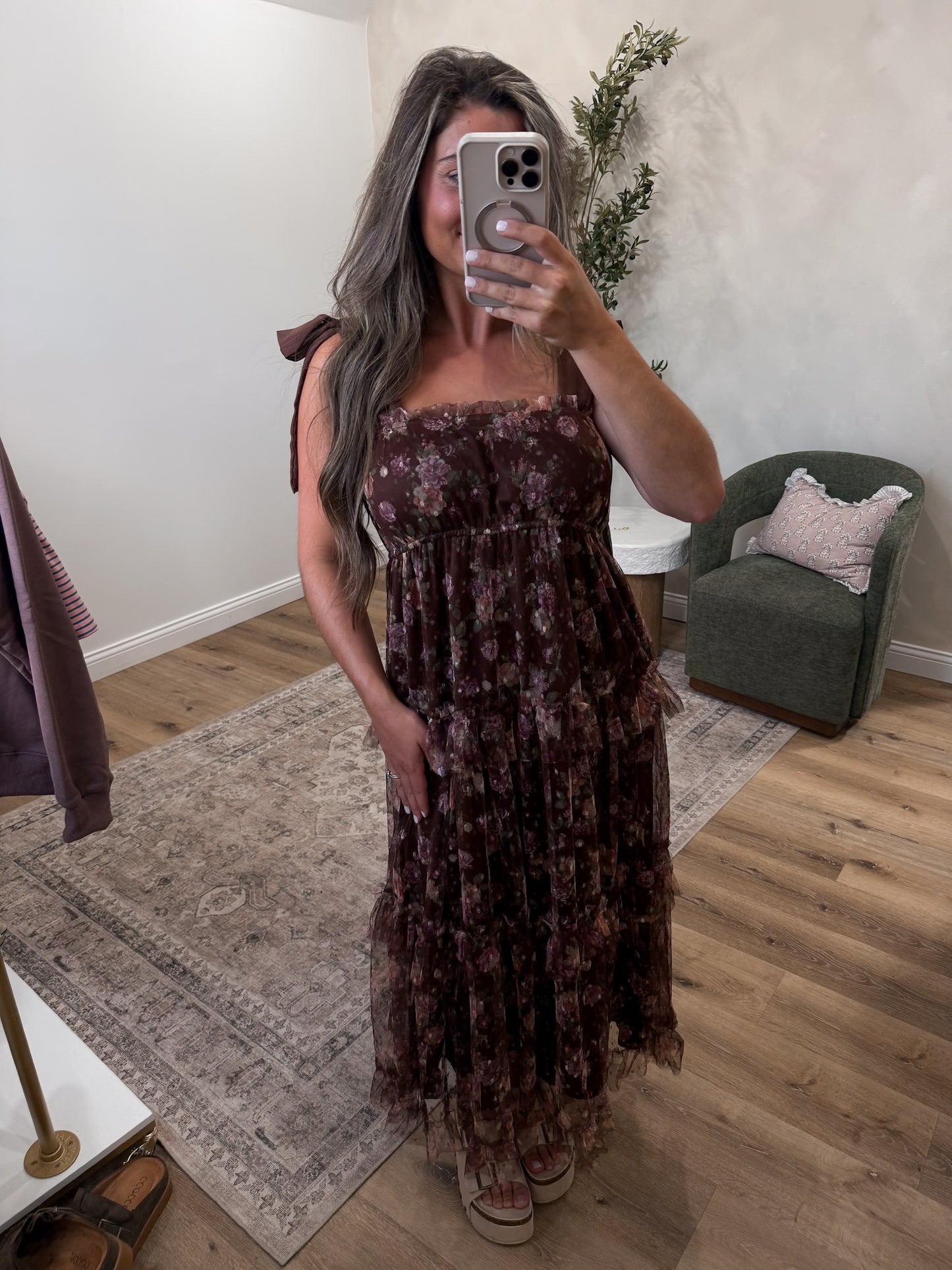 Ellie Rae Floral Ruffled Midi Dress - brown
