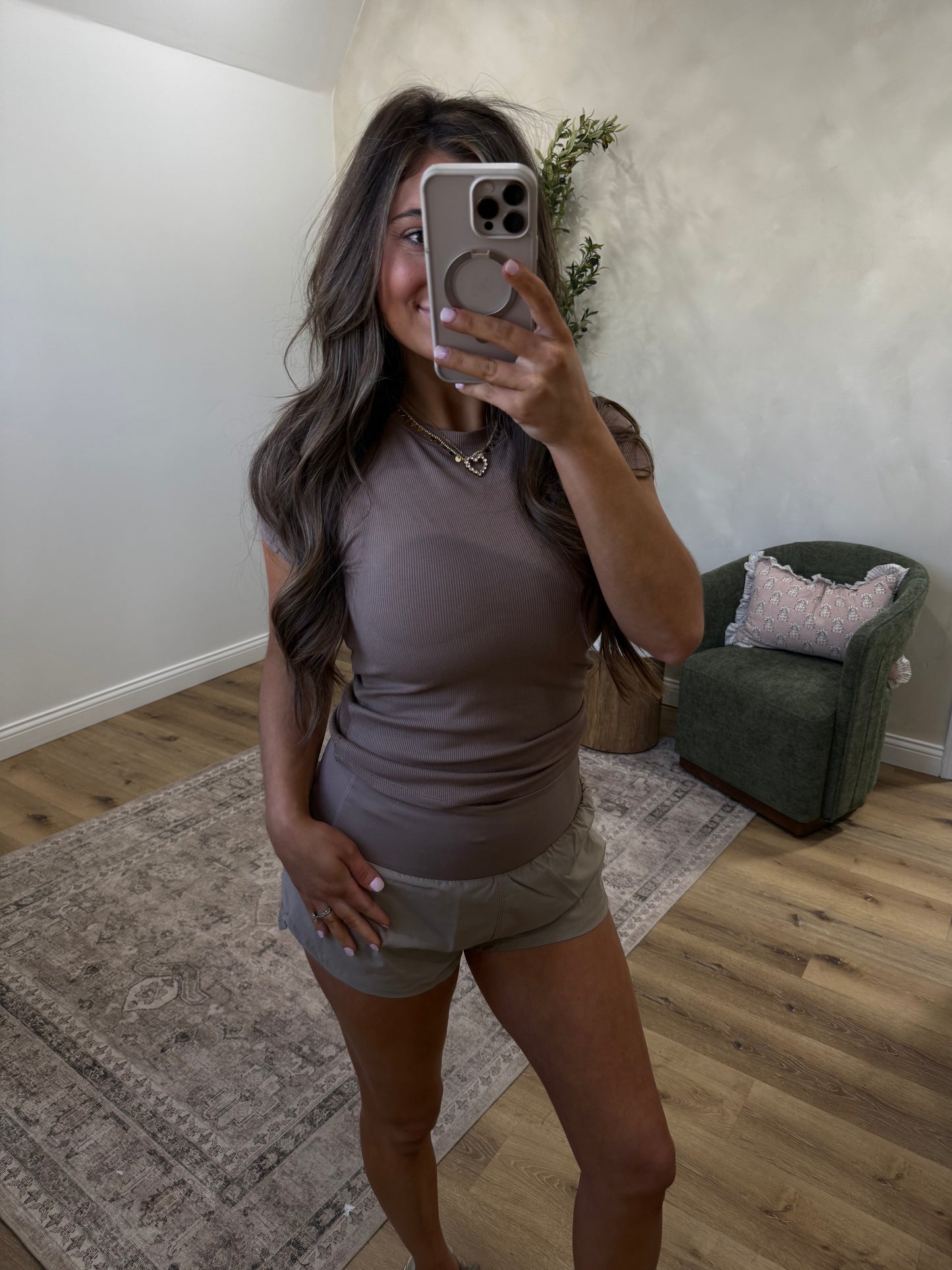 Padded Ribbed Athleisure Tee - taupe