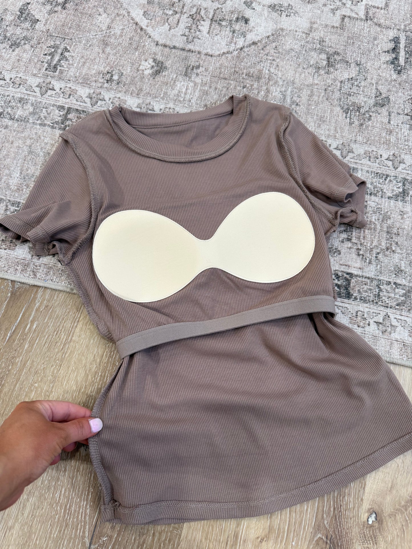 Padded Ribbed Athleisure Tee - taupe