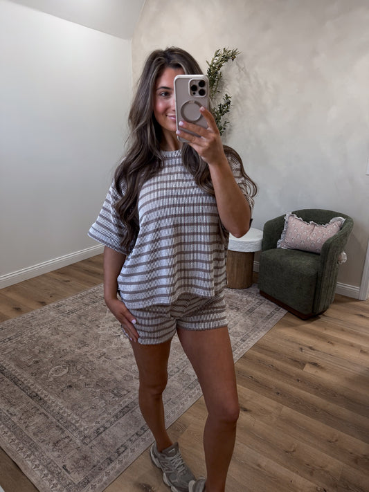 Comfort Stretch Striped Ribbed Short Set - mocha