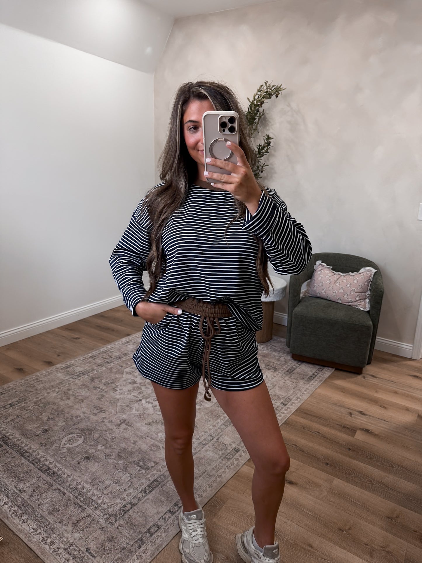 The Long Sleeve Lydia Striped Casual Set - navy/white