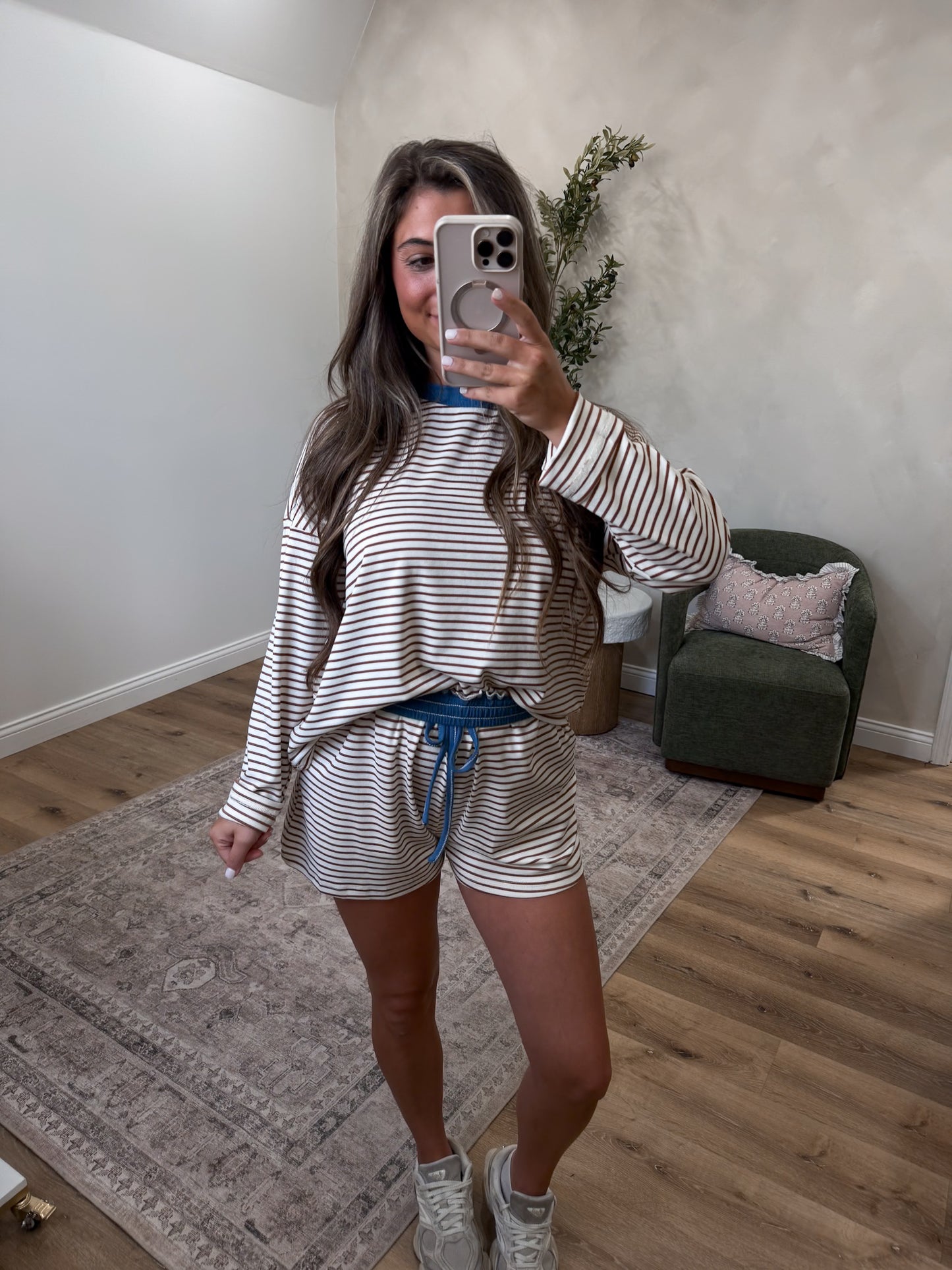 The Long Sleeve Lydia Striped Casual Set - cream/brown