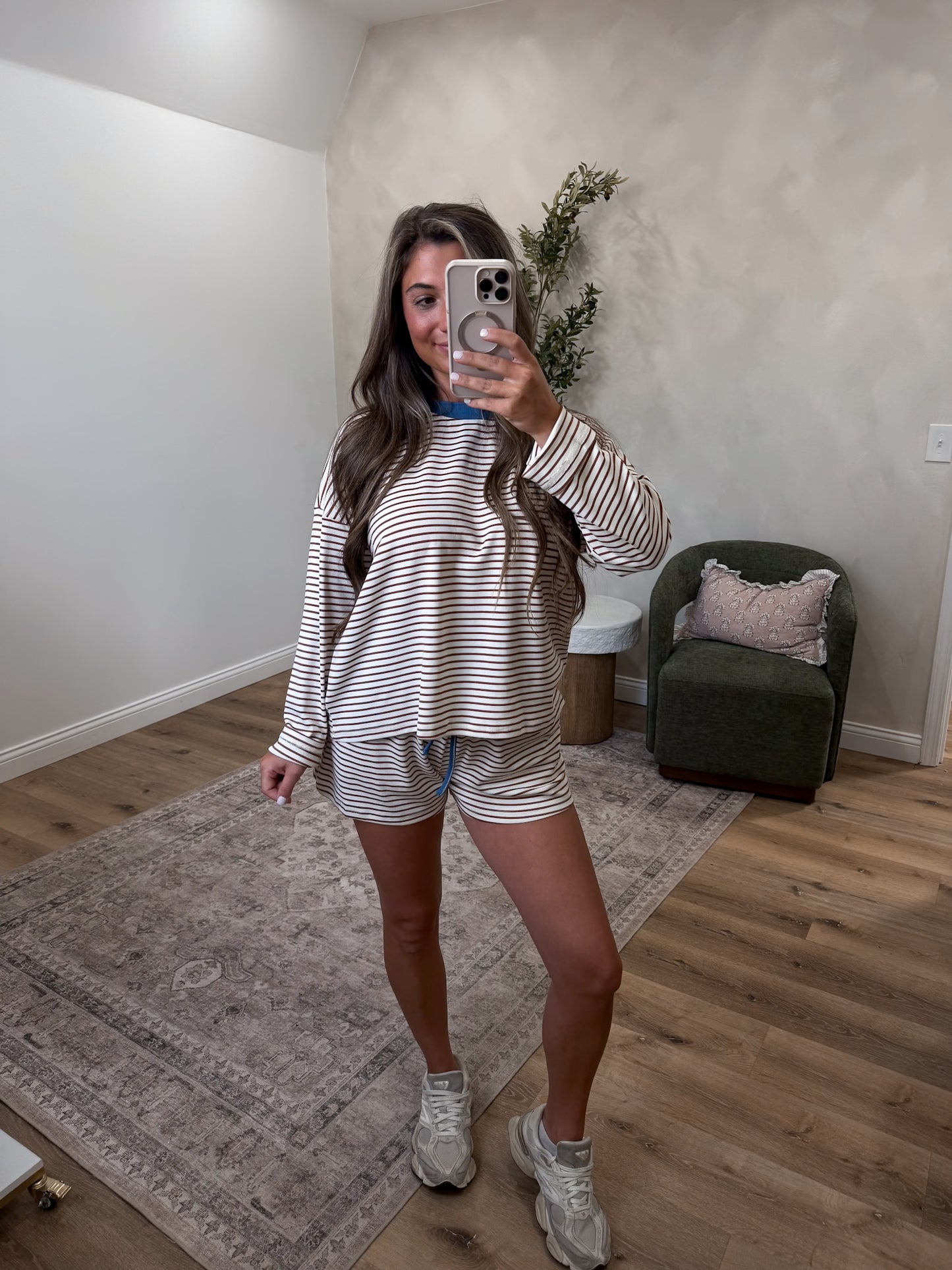 The Long Sleeve Lydia Striped Casual Set - cream/brown