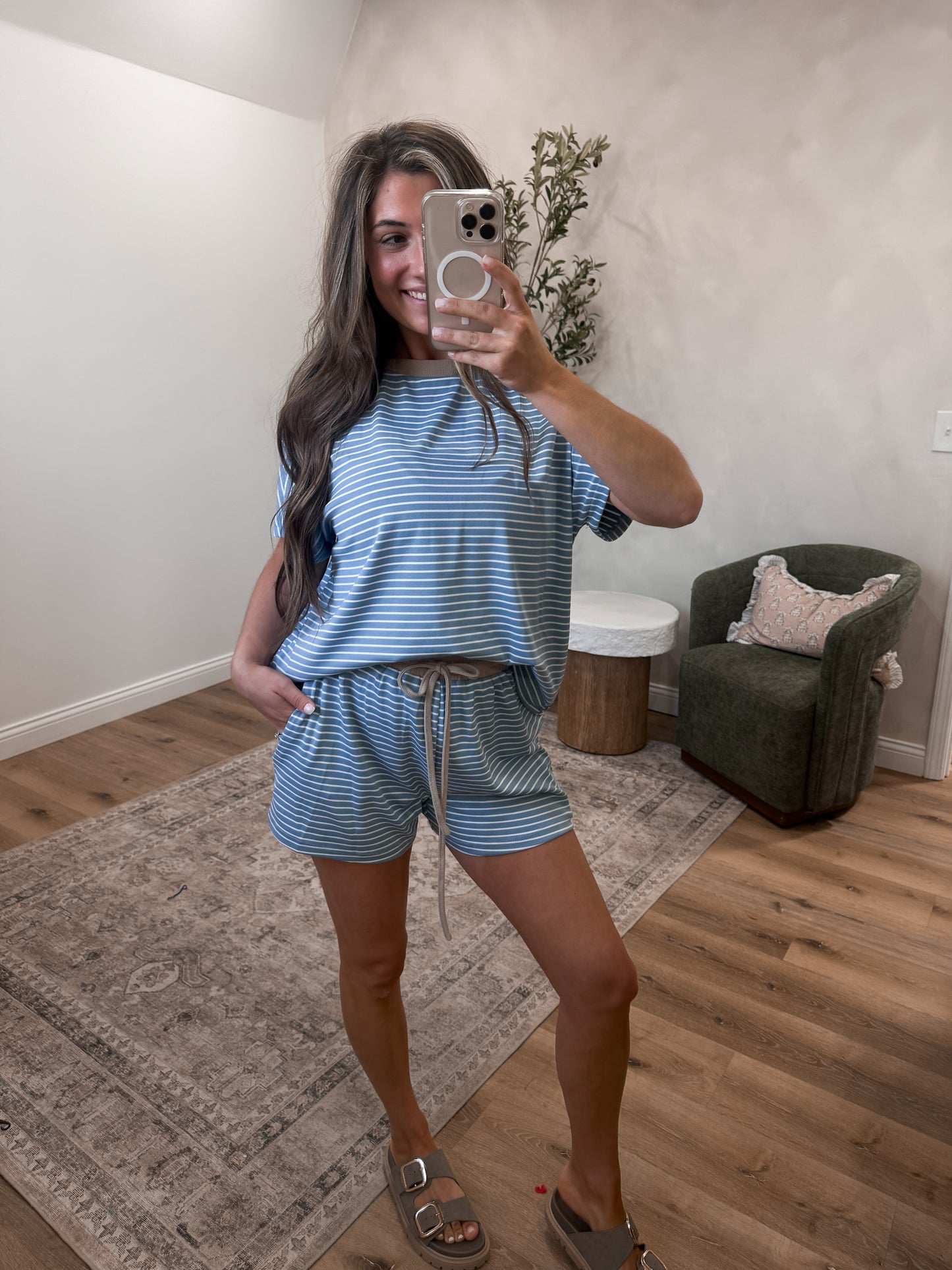 The Lydia Striped Casual Set - denim blue/taupe