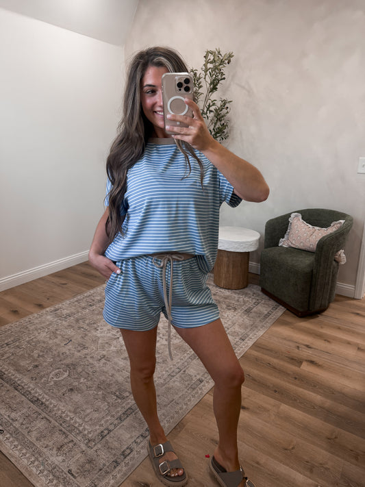 The Lydia Striped Casual Set - denim blue/taupe
