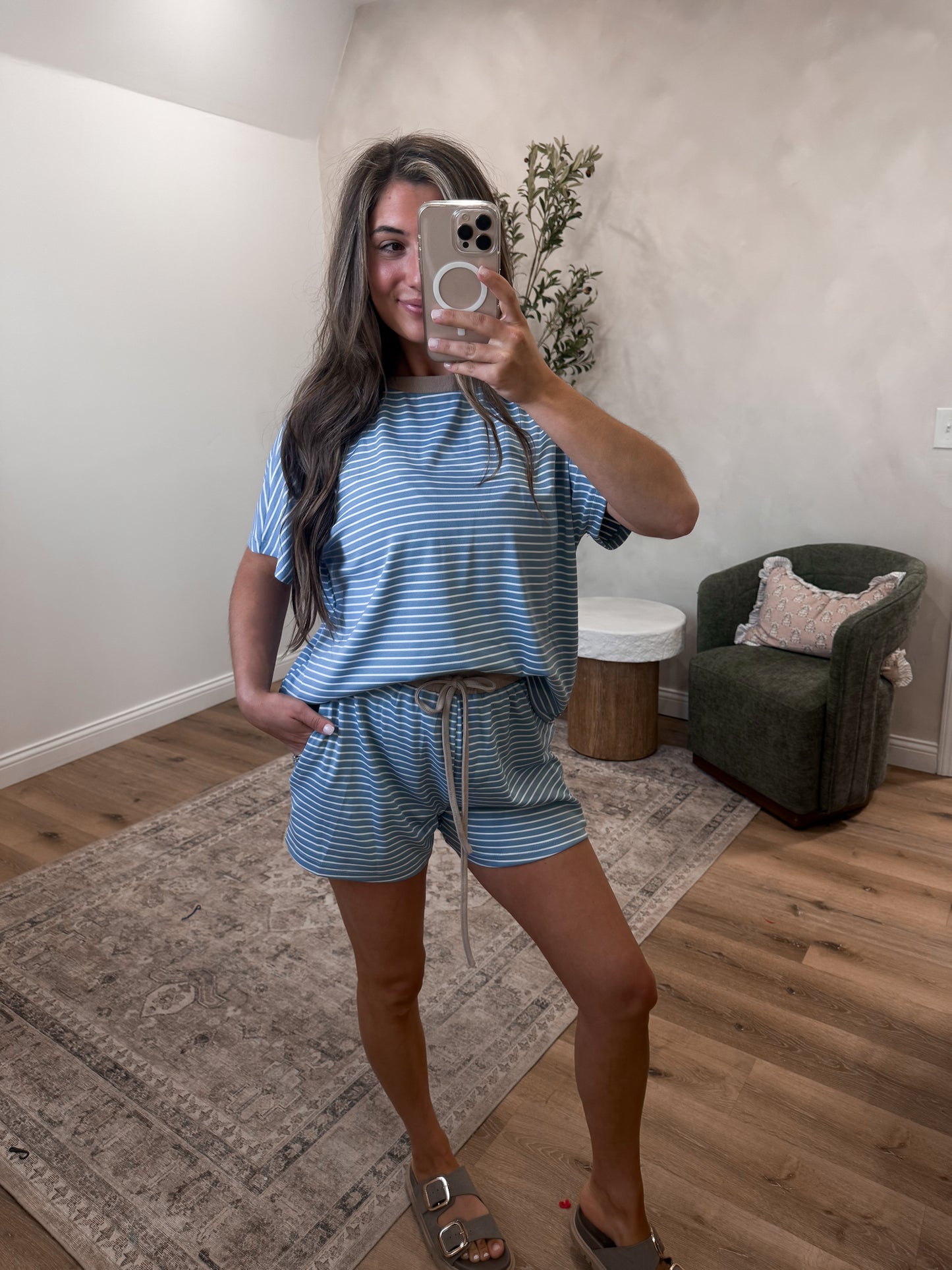 The Lydia Striped Casual Set - denim blue/taupe