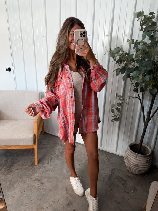 Wavelyn Washed Flannel- Coral/blue