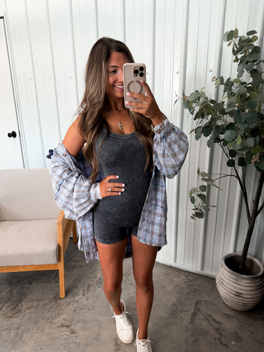 Stone Washed Ribbed Romper- 2 colors