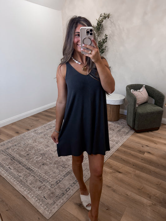 Cassidy Ribbed V Neck Dress - charcoal