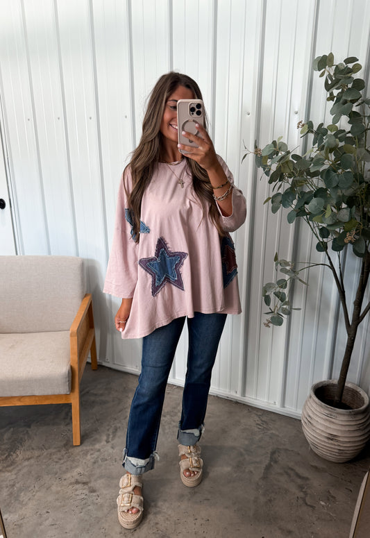 Star Patched Boxy Tee- Dusty Rose