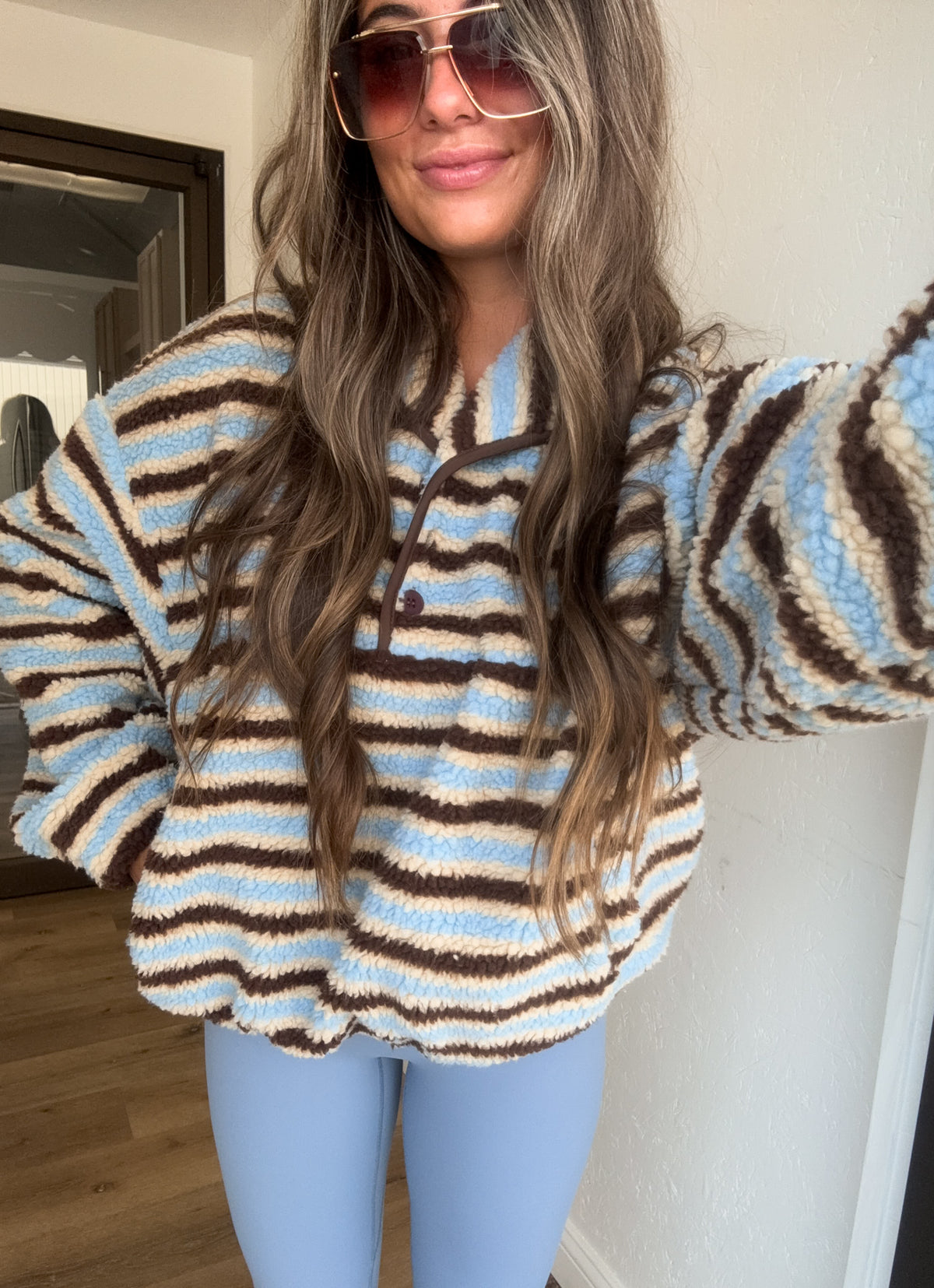 Starlight Striped Collared Button Fleece Pullover - light blue/brown