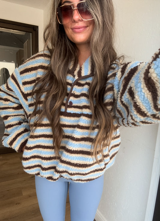 Starlight Striped Collared Button Fleece Pullover - light blue/brown