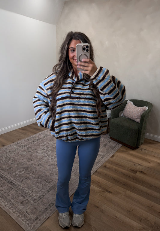 Starlight Striped Collared Button Fleece Pullover - light blue/brown