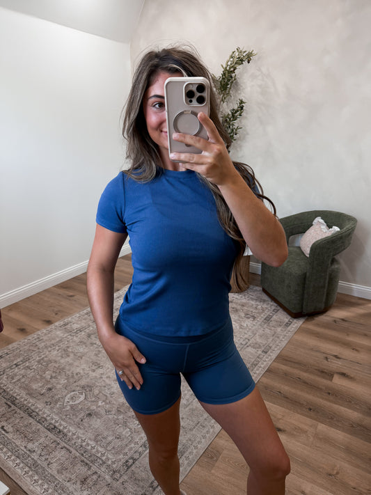Essential Ribbed Athleisure Top - ocean blue