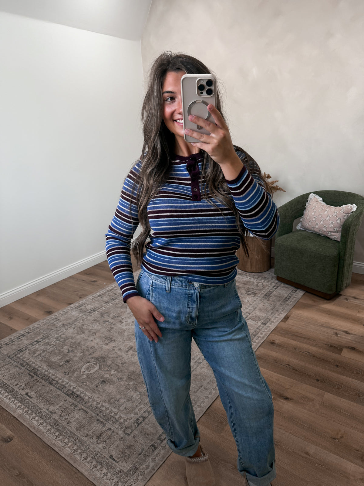 Modern Mood Striped Henley Top - blue multi