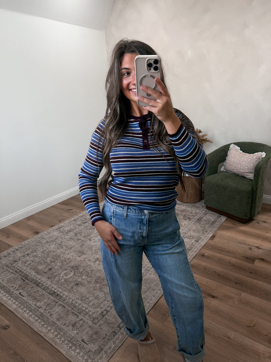 Modern Mood Striped Henley Top - blue multi