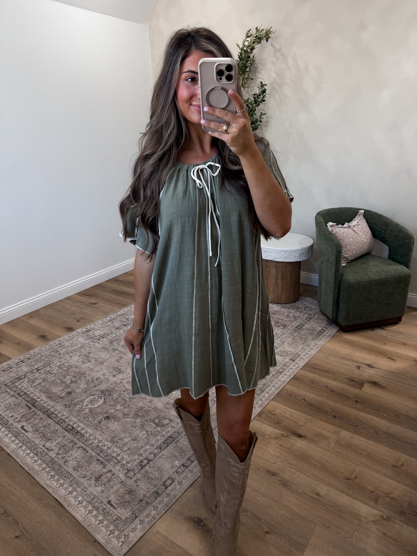Southern Roots Detail Woven Mini Dress - olive *restocks*