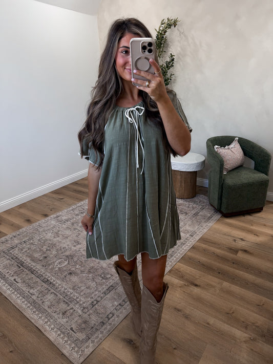 Southern Roots Detail Woven Mini Dress - olive *restocks*