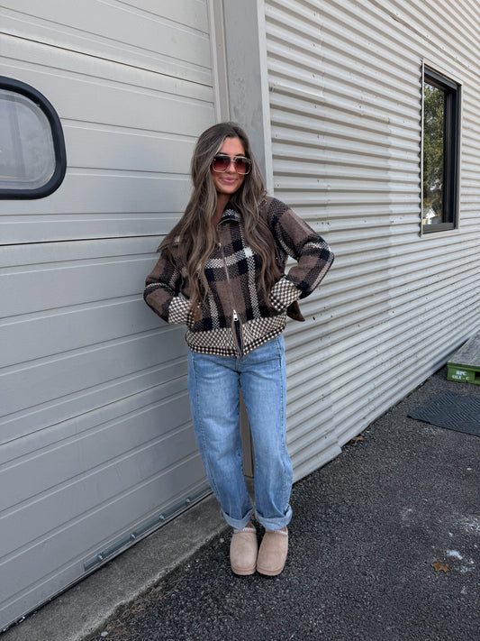 Coffee & Conversations Plaid Zip up - brown combo
