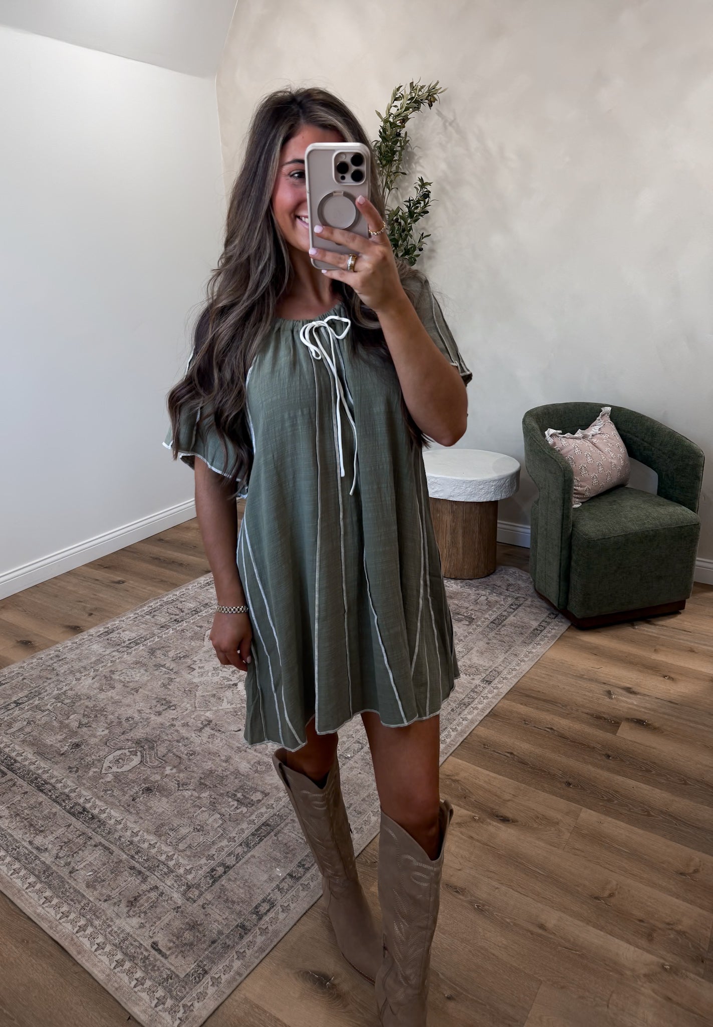 Southern Roots Detail Woven Mini Dress - olive *restocks*