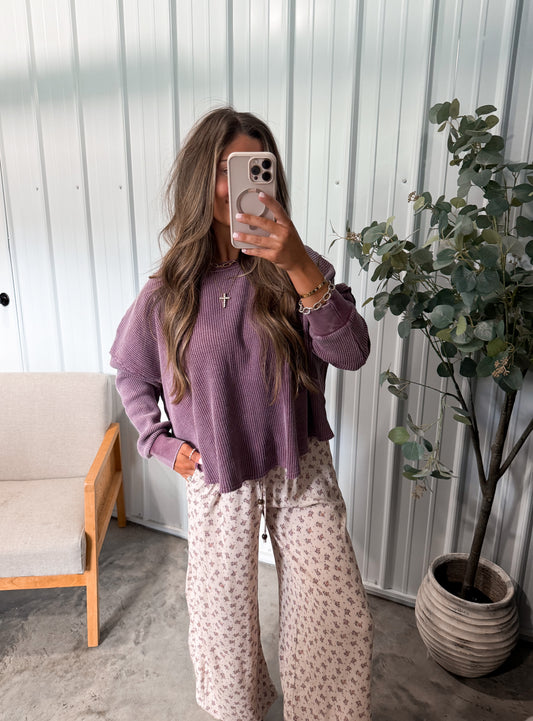 Whitney Washed Waffle Pullover- plum