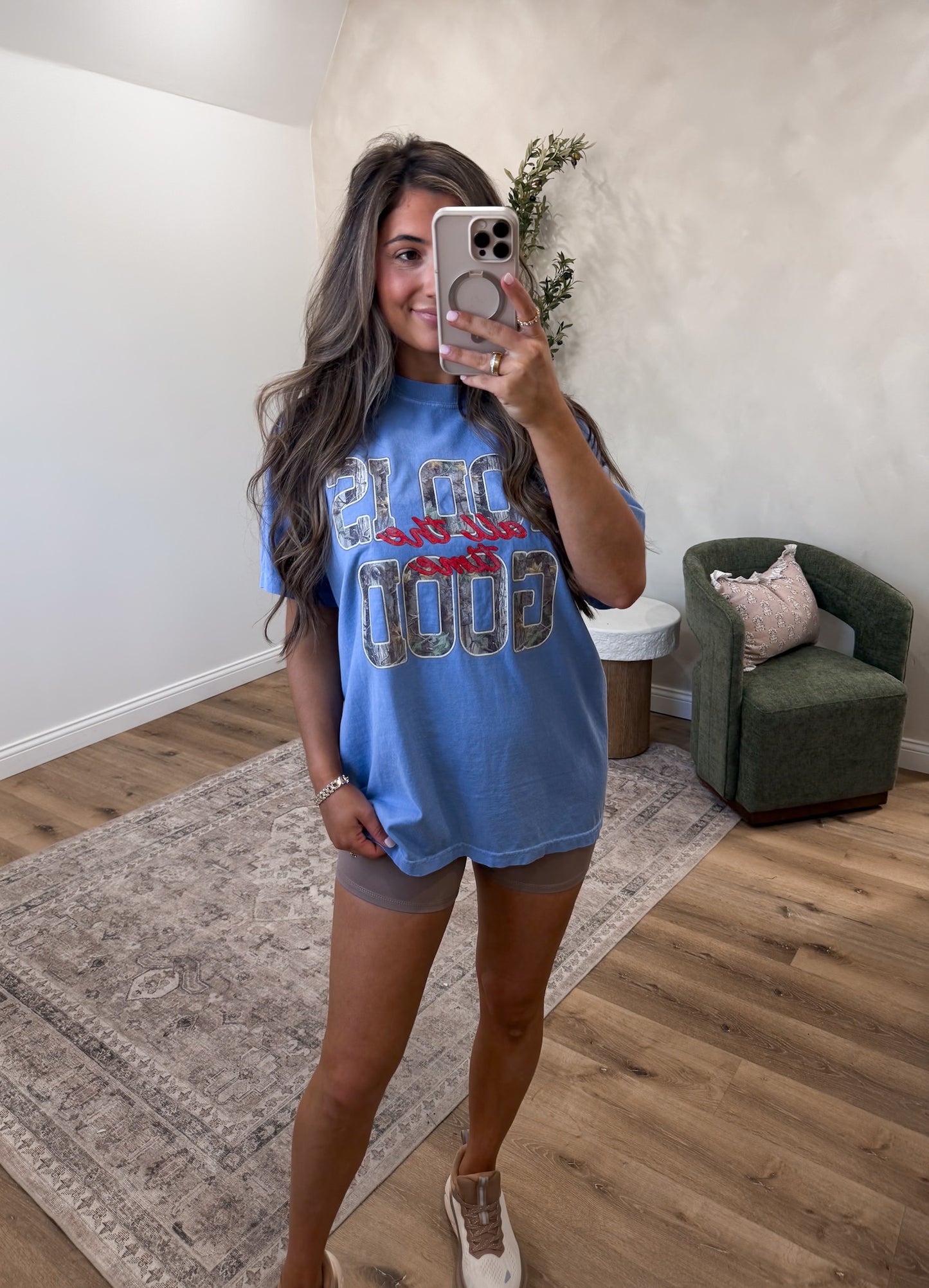 Camo "God Is Good" Graphic Tee - washed denim