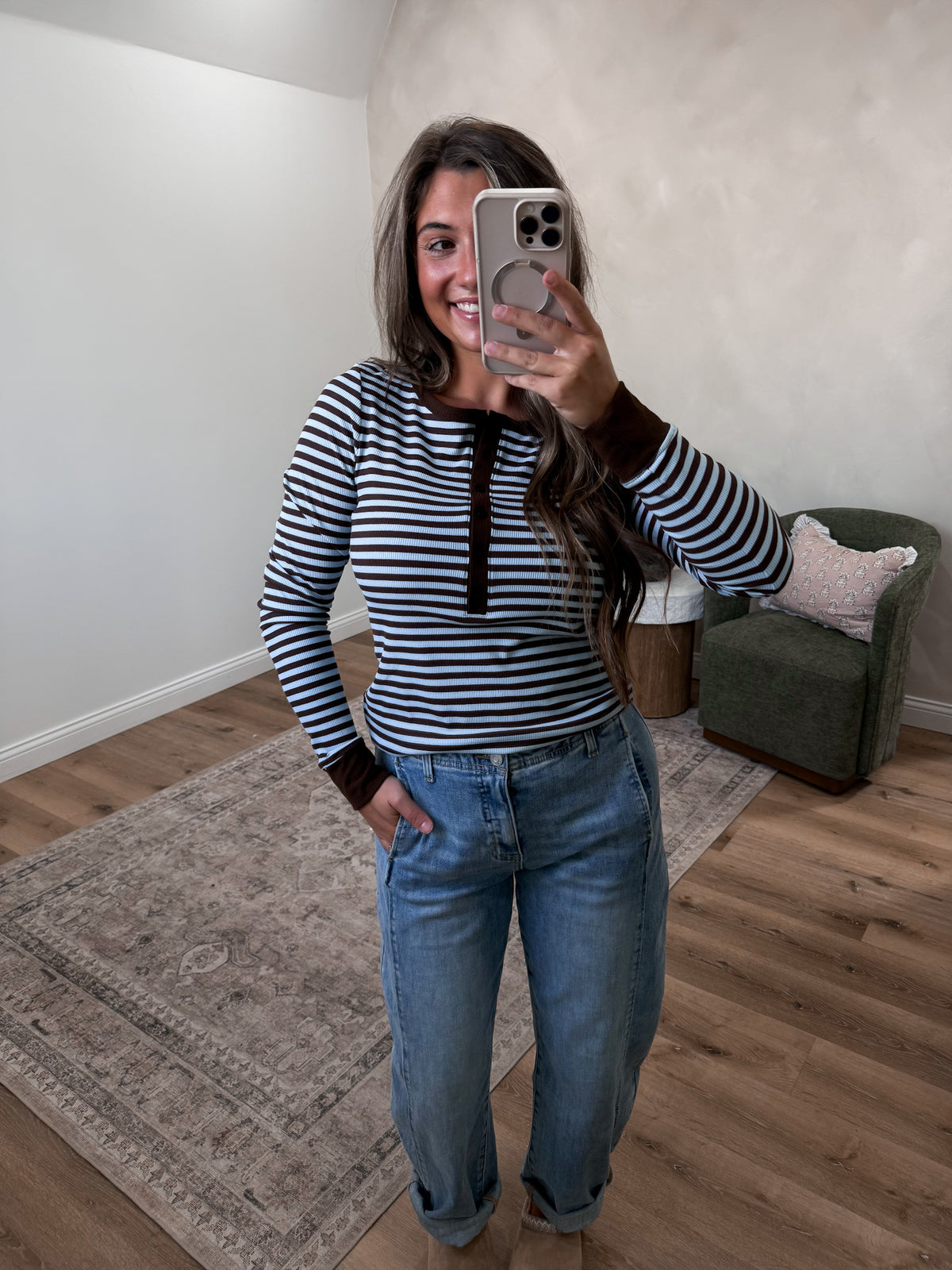 Lowkey Luxe Striped Henley Ribbed Top - light blue/brown