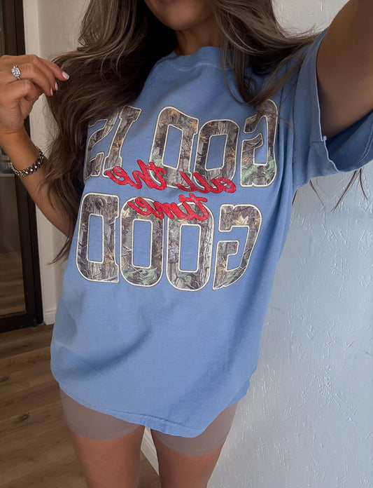 Camo "God Is Good" Graphic Tee - washed denim