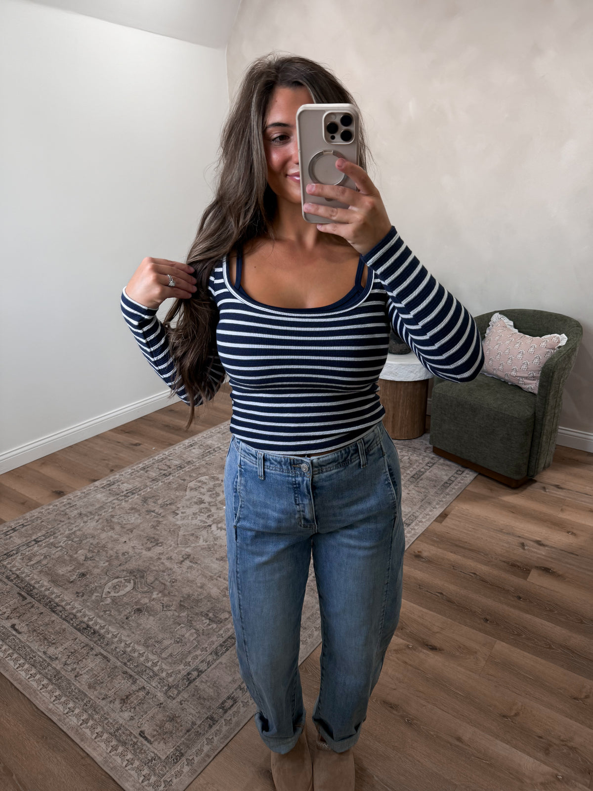 Softly Bold Tank Layered Striped Top - navy/off white