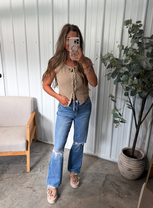 Front Tied Sleeveless Sweater- khaki