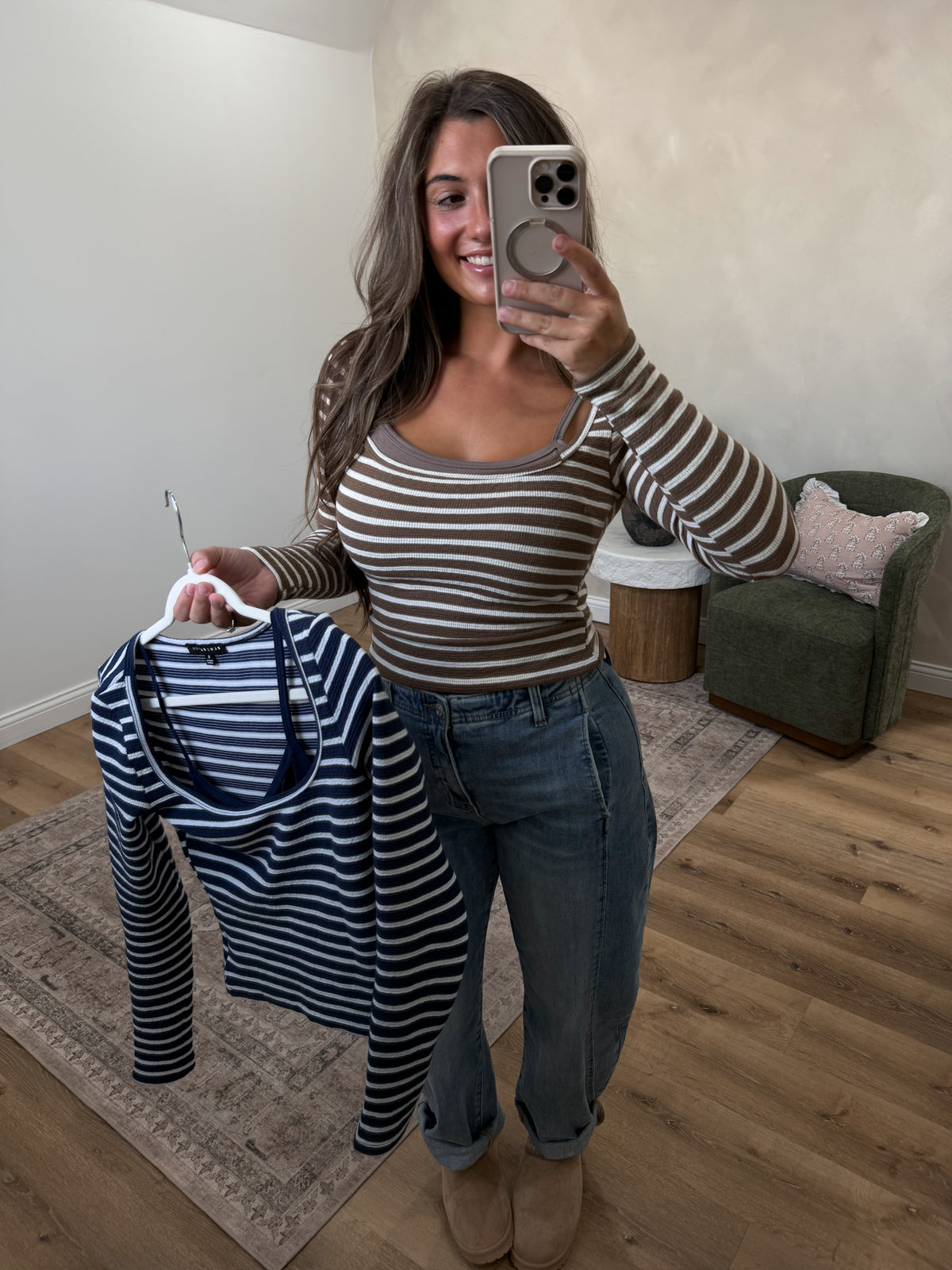 Softly Bold Tank Layered Striped Top - mocha/natural
