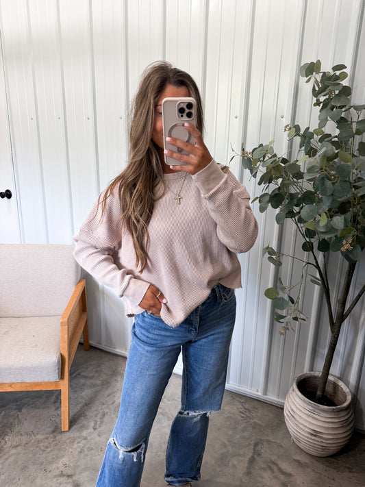 Whitney Washed Waffle Pullover- light taupe *PREORDER FOR 9/5 SHIPMENT*