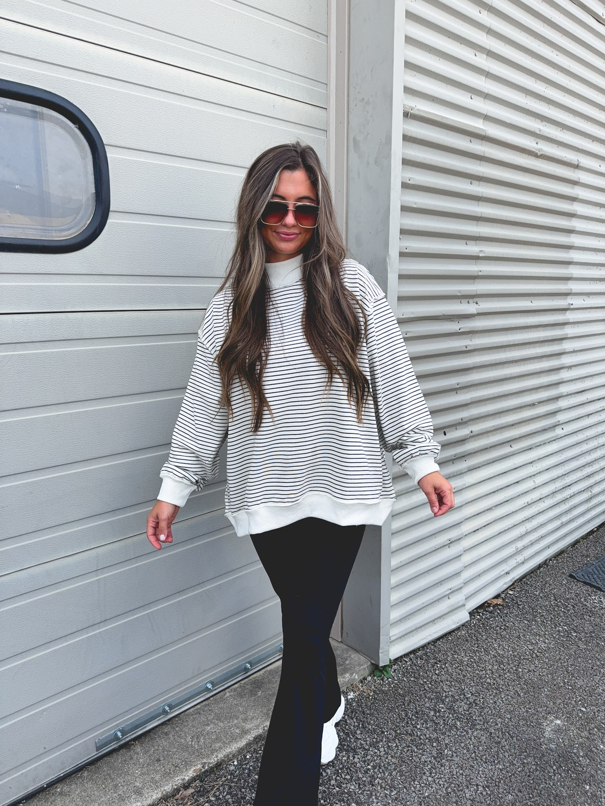 It's Giving Striped Mock Neck Pullover - cream/dark navy