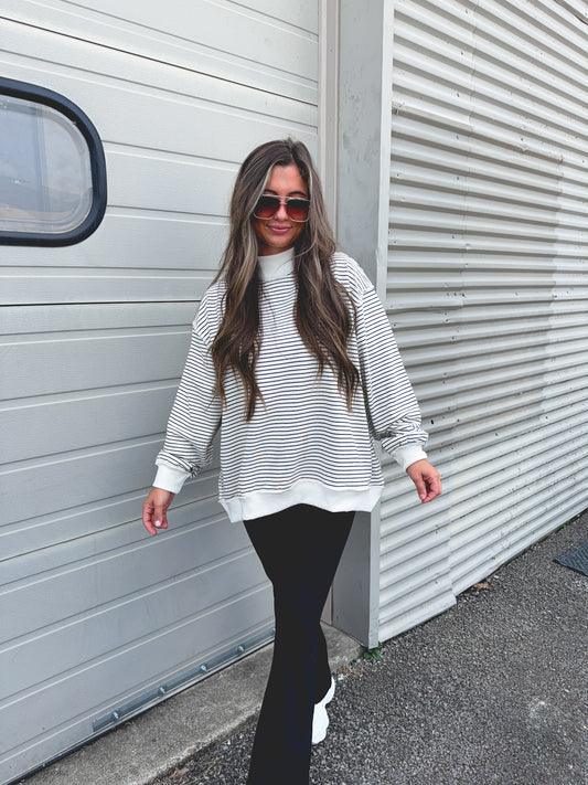 It's Giving Striped Mock Neck Pullover - cream/dark navy