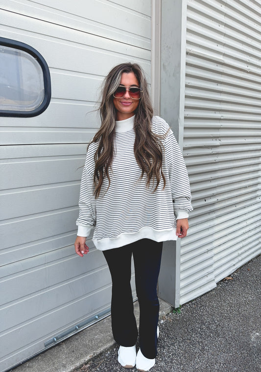 It's Giving Striped Mock Neck Pullover - cream/dark navy