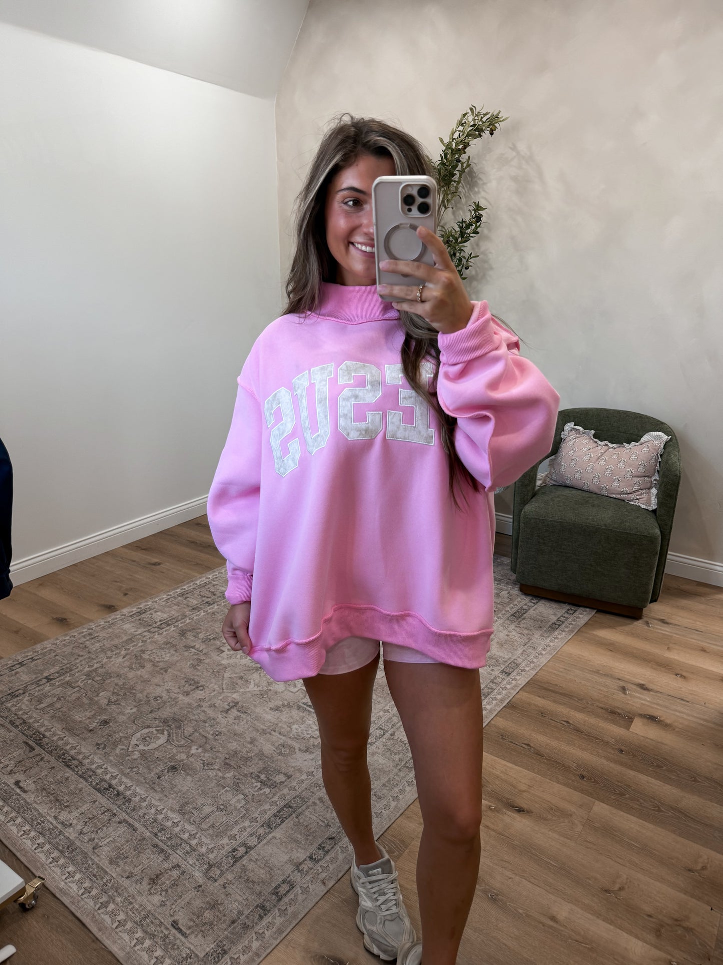 JESUS Embroidered Mock Neck Pullover - bubblegum pink/camo