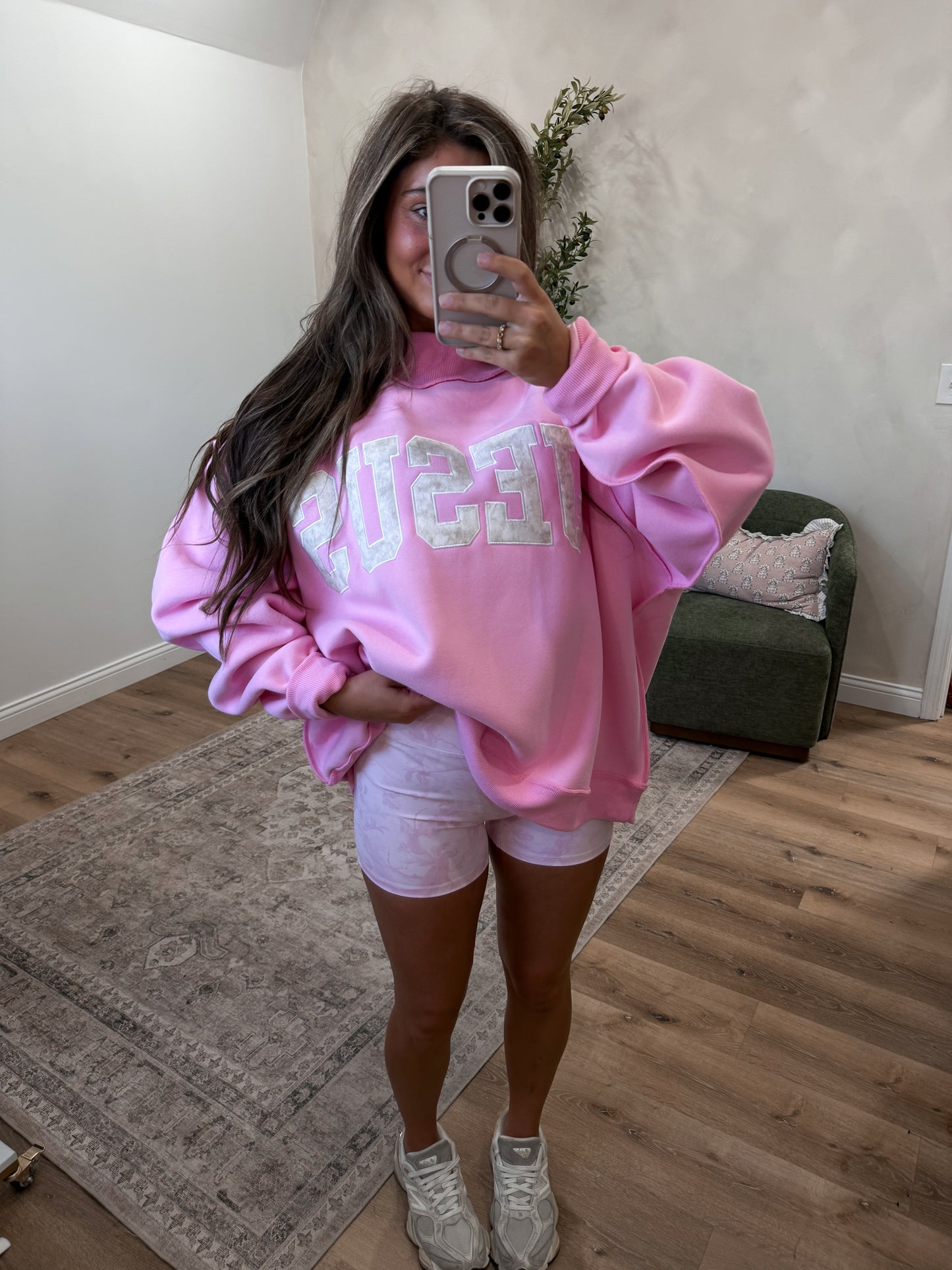JESUS Embroidered Mock Neck Pullover - bubblegum pink/camo