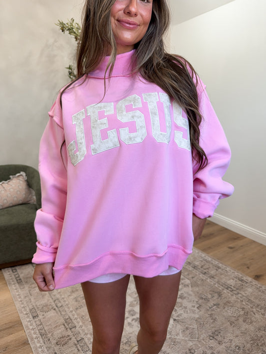 JESUS Embroidered Mock Neck Pullover - bubblegum pink/camo