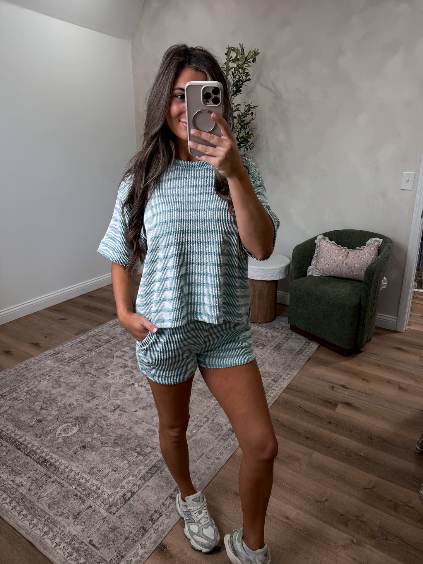 Comfort Stretch Striped Ribbed Short Set - ash jade