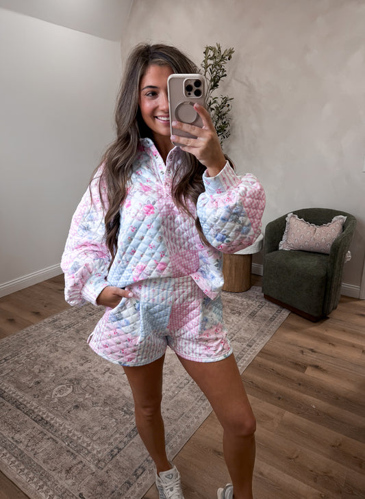 Pastel Floral Patchwork Quilted Set - pink/blue