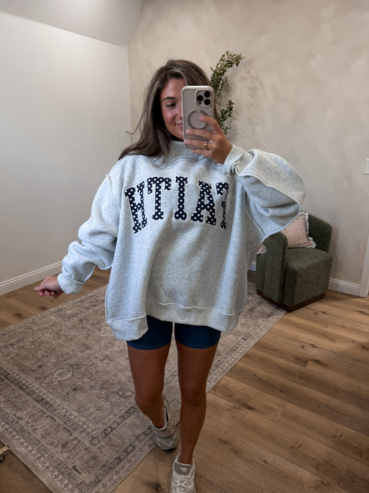 FAITH Embroidered Mock Neck Pullover - heather grey/polka dot