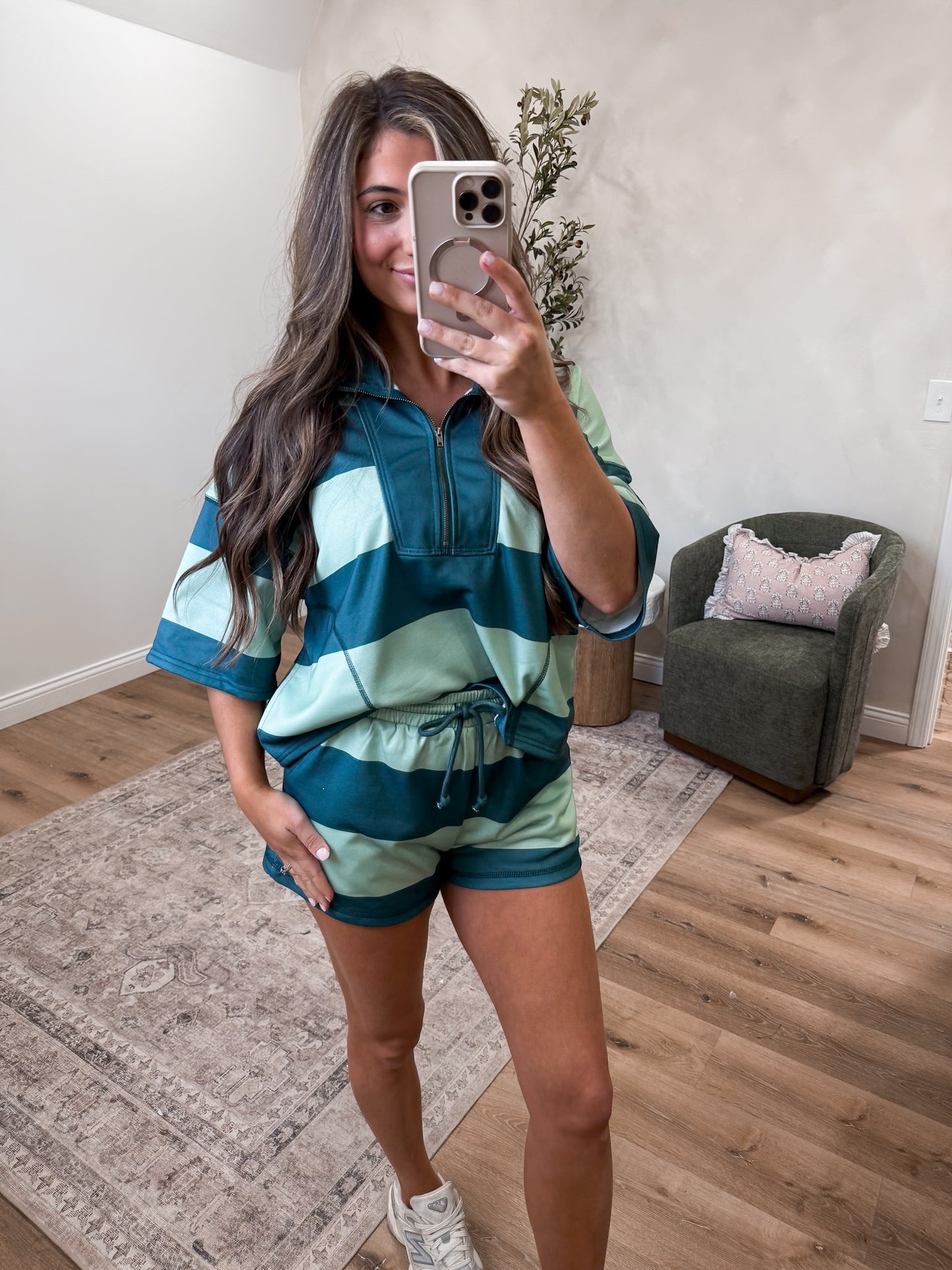 Vintage Striped Half Zip Shorts Set - green/sage
