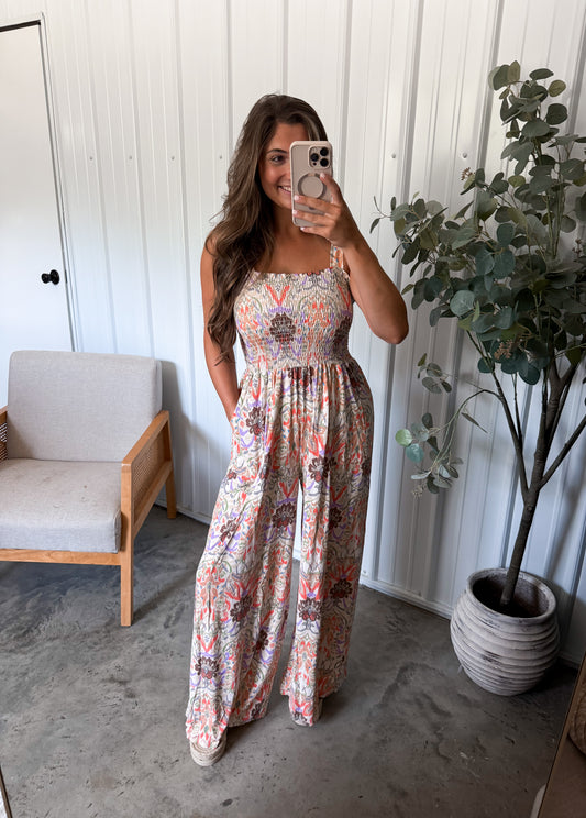 Sierra Smocked Jumpsuit- taupe multi