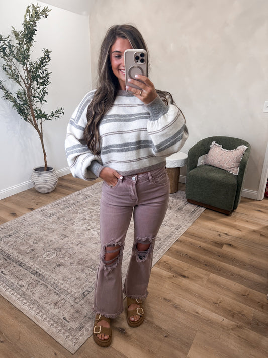Karsyn High Rise Distressed Straight Jeans - mauve