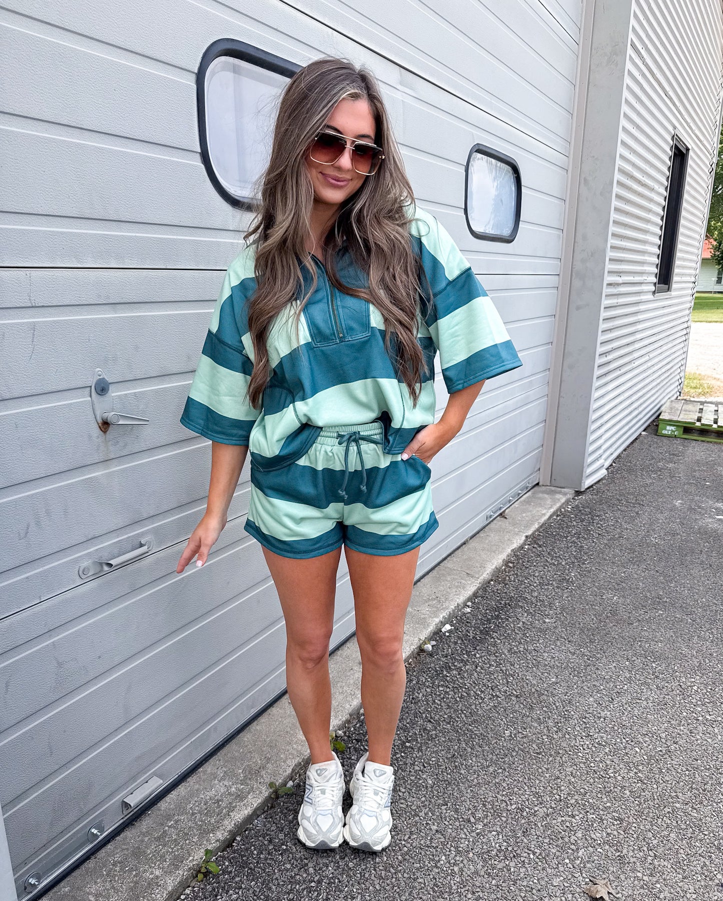 Vintage Striped Half Zip Shorts Set - green/sage