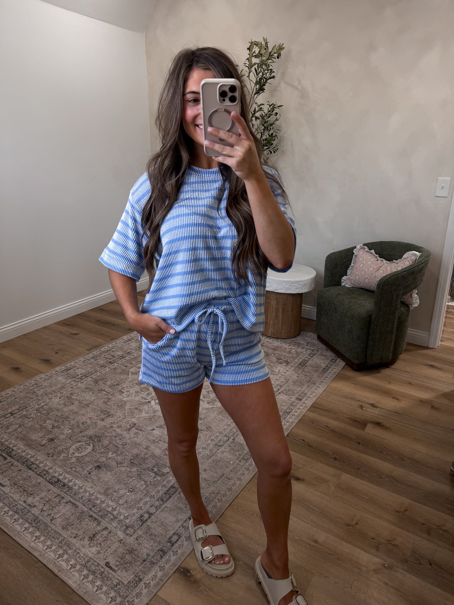 Comfort Stretch Striped Ribbed Short Set - cornflower