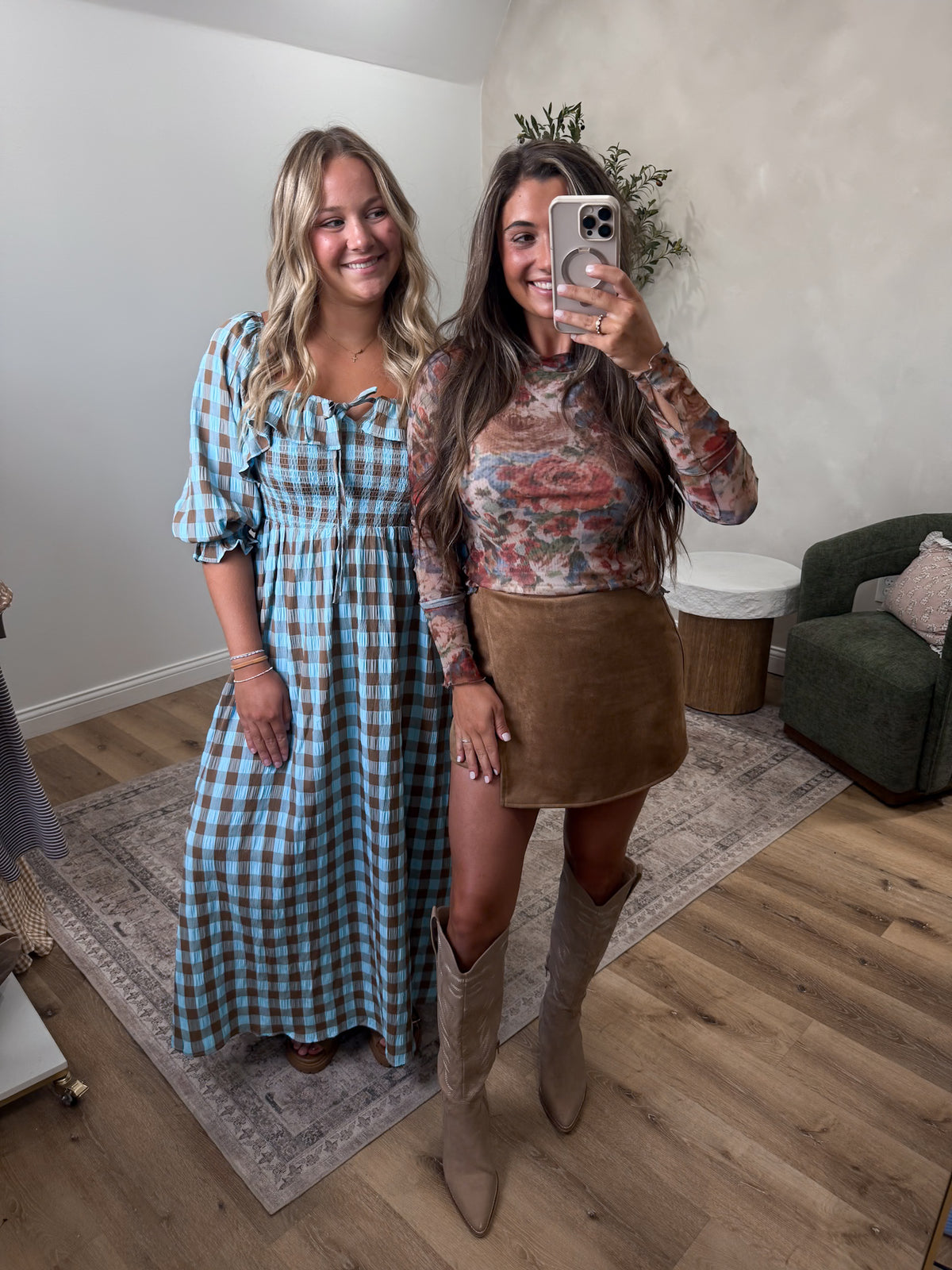 Anna Kate Gingham Maxi Dress - sky blue/chocolate
