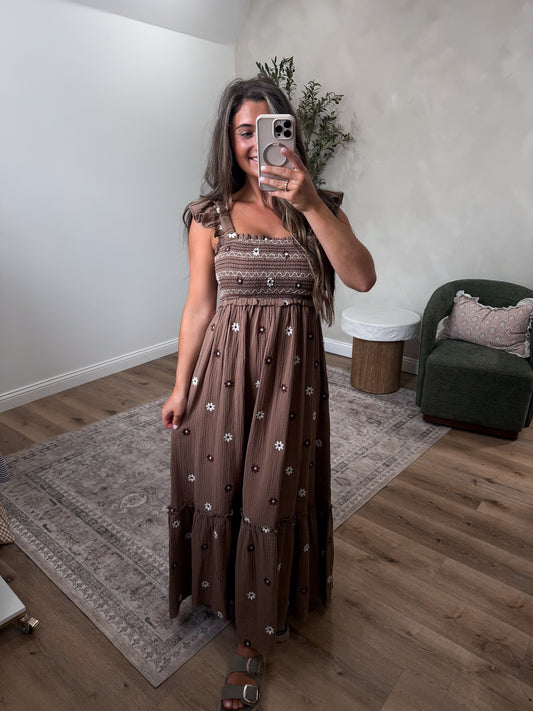 Rowan Floral Embroidered Maxi Dress - brown