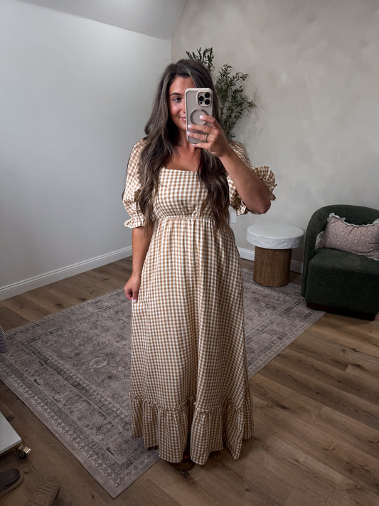 Honey Harvest Gingham Maxi Dress - brown
